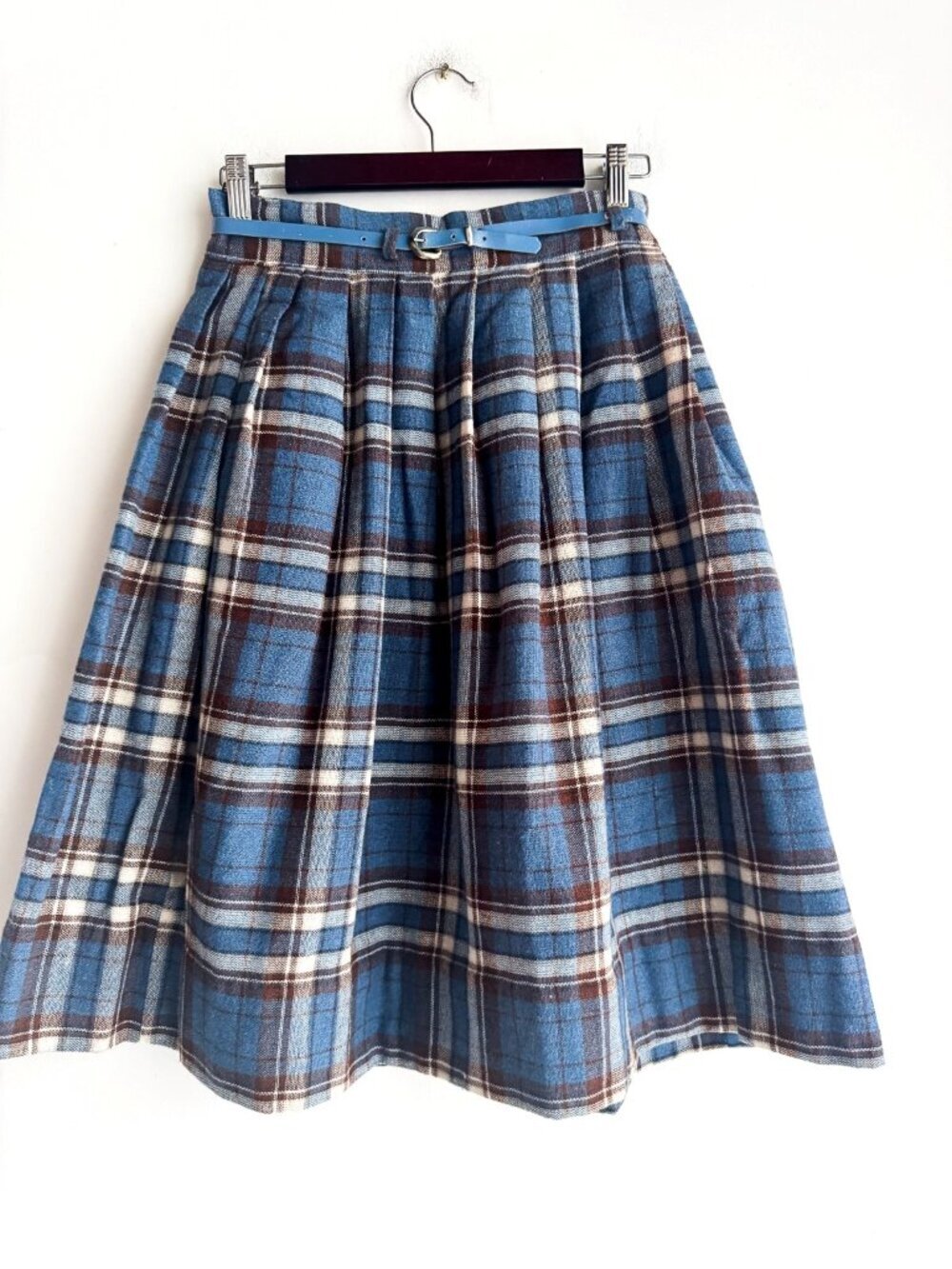 Vintage Wool Blend Plaid Pleated Midi Skirt S